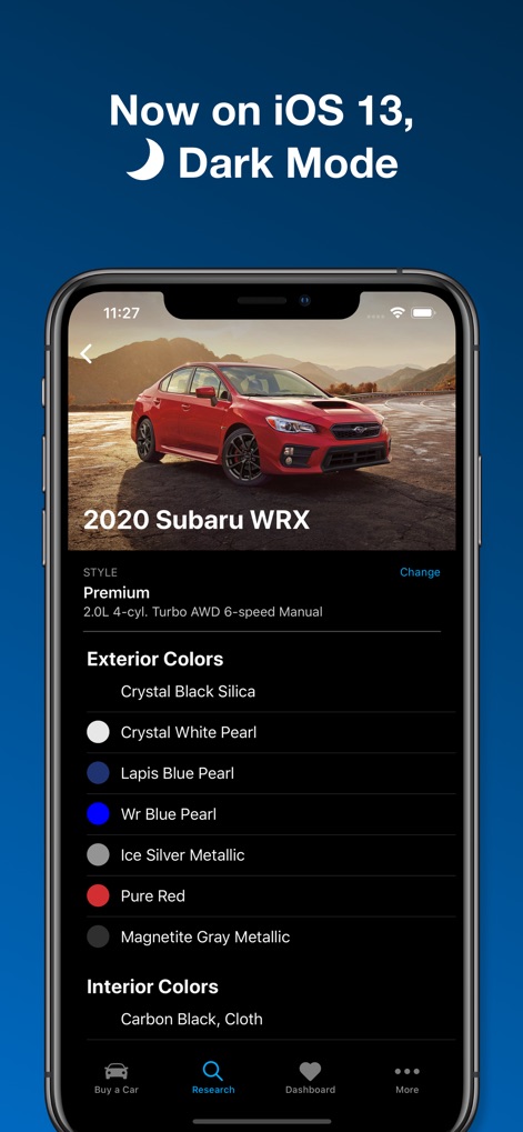 Edmunds - Shop Cars For Sale - Questo strumento permette di visualizzare le opzioni di colore esterno e offre un'interfaccia elegante e meno affaticante grazie alla modalità scura, disponibile su iOS 13.