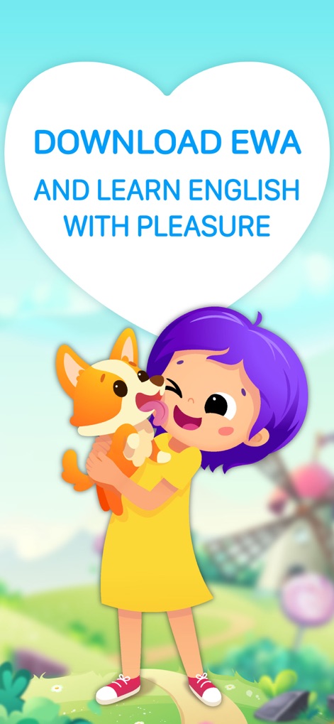 EWA Kids: English for children - This visual emphasizes the app's commitment to a delightful learning journey, featuring a happy child character and the friendly corgi mascot.