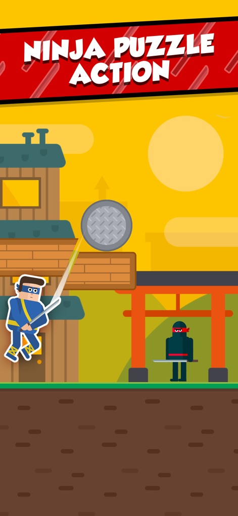 Mr Ninja - Slicey Puzzles - Observe the app's dynamic level design, featuring the agile blue ninja character navigating around a challenging circular obstacle to reach a target.