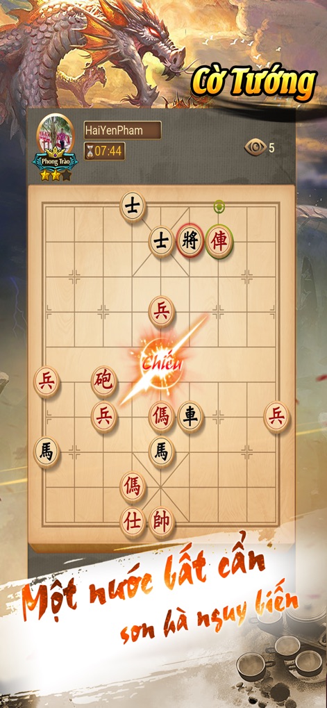 Co Tuong, Co Up Online - Ziga - The app showcases dynamic Cờ Tướng gameplay with vivid attack animations and a clear player profile displaying rank and timer for focused competition.