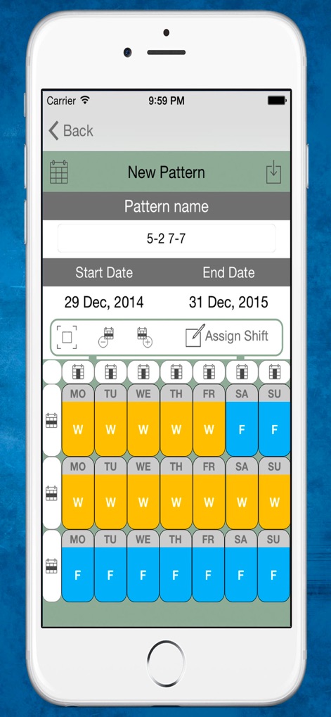 Shift Cal - CuadraTurnos PRO - Questa interfaccia permette la creazione di 'New Pattern', dove è possibile definire sequenze di turni ripetitive tramite una griglia settimanale e specificare un 'Start Date' e 'End Date' per l'applicazione del modello.