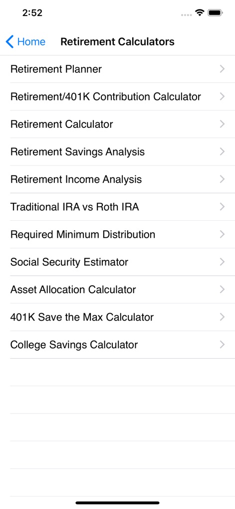 EZ Financial Calculators - Dive into the dedicated Retirement Calculators section, where users can access tools like the 'Retirement/401K Contribution Calculator' and 'Social Security Estimator'.