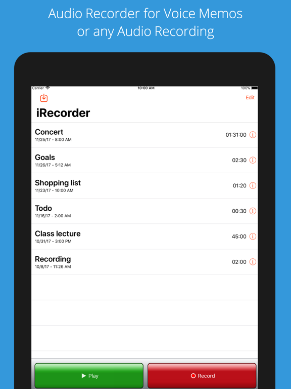 iRecorder Pro Audio Recorder iPad screenshot 1 - Business app