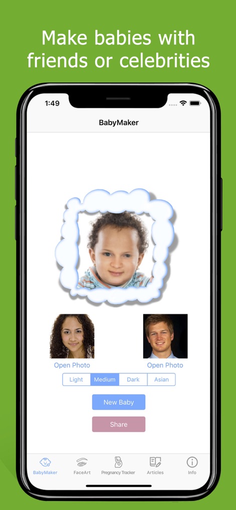 Baby Maker & Face Generator - Los usuarios pueden explorar la diversidad de resultados al combinar sus fotos con las de amigos o celebridades, con una previsualización clara del bebé generado y un botón para compartir fácilmente.