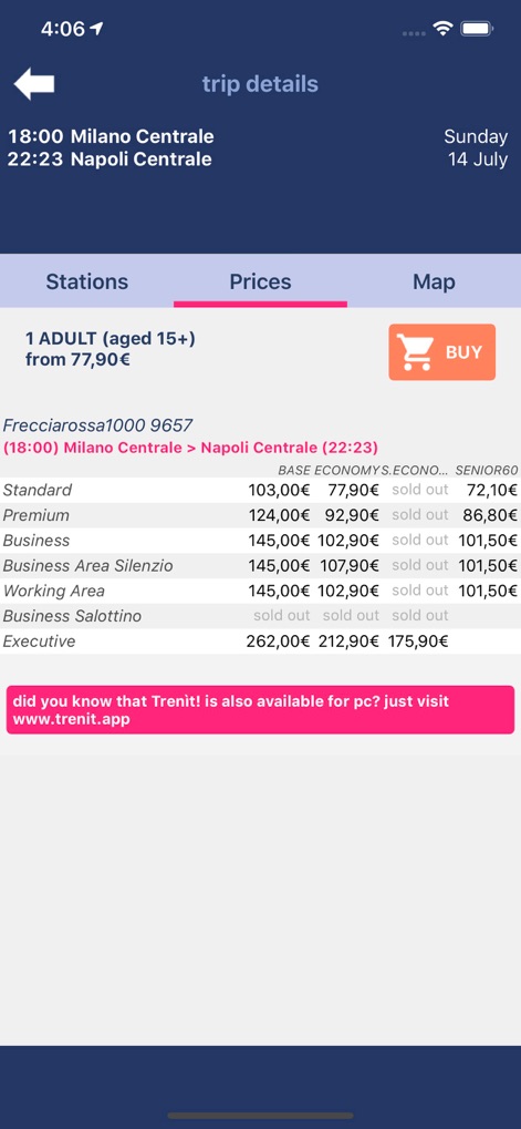 Trenìt! - find Trains in Italy - この画面では、様々な座席クラス（例：スタンダード、プレミアム）に応じた運賃の比較が可能であり、各チケットの空席状況も明示的に確認できます。