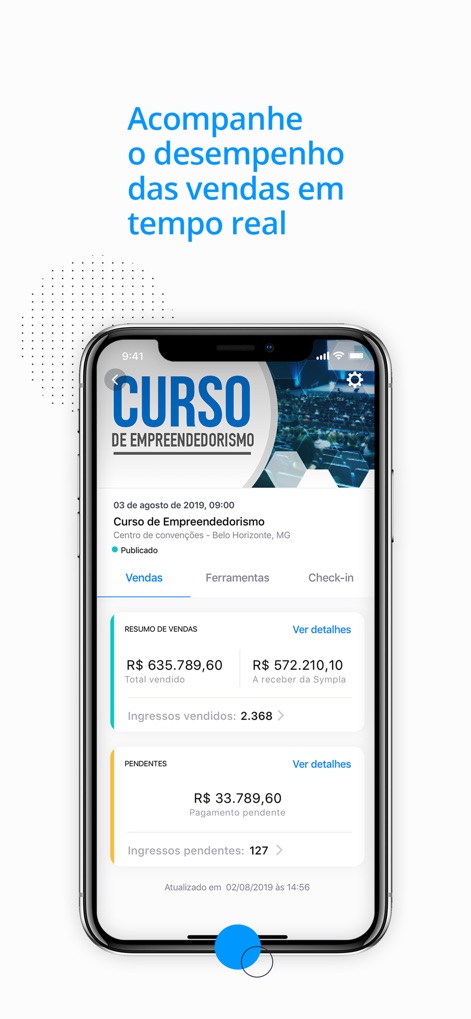 Sympla Organizador - Gli utenti possono analizzare il rendimento delle vendite in tempo reale, visualizzando il totale venduto e il numero di biglietti già transati, insieme ai pagamenti ancora in sospeso.