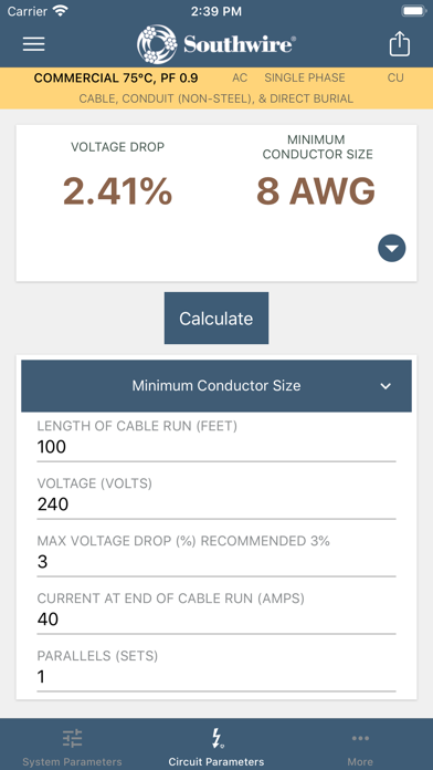 Southwire® Voltage Drop Calc Screenshot