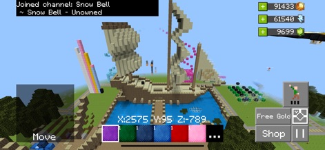 Builder Buddies Craft & Mine R - Observe the boundless creative potential, exemplified by the intricately designed block-built ship and diverse background structures within the environment.