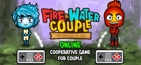 Fire and Water: Online Co-op - Dieses Bild stellt das ikonische Duo vor und betont die Möglichkeit, das Spiel online und kooperativ mit Freunden über die dargestellten Gamepads zu erleben.