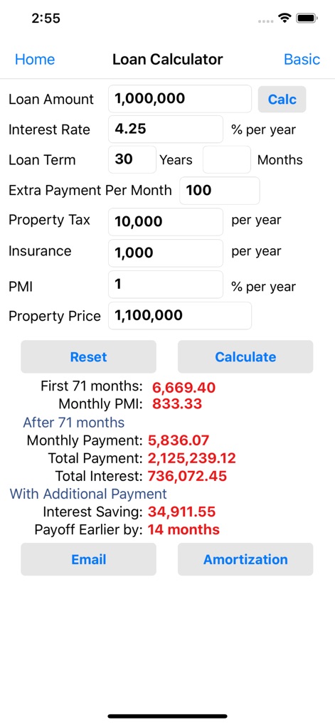 EZ Financial Calculators - The 'Loan Calculator' allows for comprehensive analysis, providing input fields for parameters like 'Loan Amount' and 'Interest Rate,' and displaying detailed outputs such as 'Monthly Payment' and 'Total Interest'.