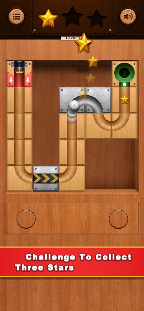 Unblock Ball - Block Puzzle - Users are challenged to strategically connect paths to collect all three stars while navigating around various block types, including the fixed metal segments.