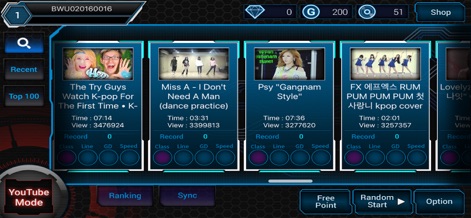BEAT MP3 for YouTube - Users can effortlessly explore a vast library of YouTube videos through intuitive video thumbnails and organize their selections using handy filters like 'Recent' and 'Top 100', ensuring personalized rhythm game experiences.