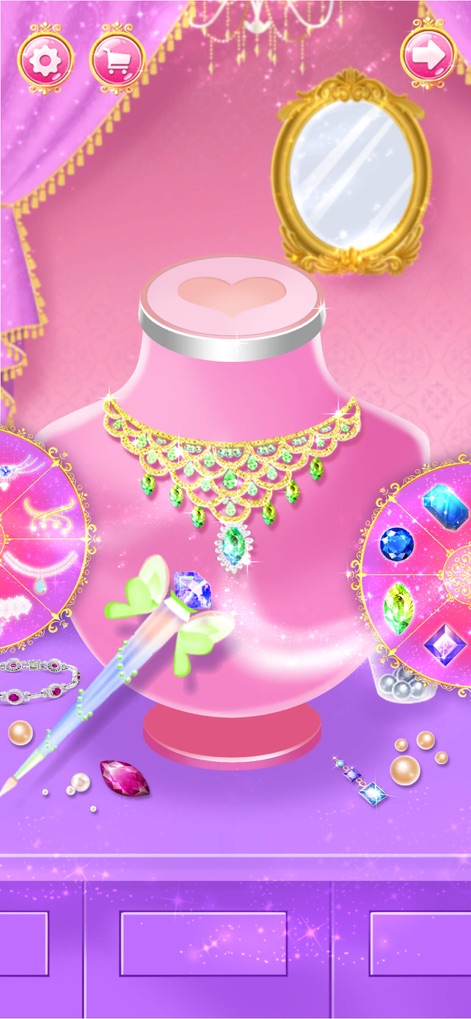 Princess dress up fashion game - このギャラリーでは、マネキンに飾られた壮麗なエメラルドのネックレスと、デザインに使える様々な種類のルースジェムを見ることができます。