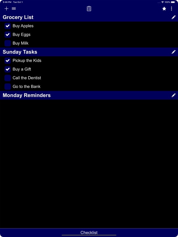 Checklist iPad screenshot