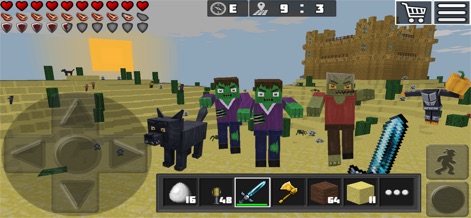 World Craft: Mine & Build 3D - Witness the thrilling survival mode featuring encounters with hostile mobs like zombies, where players can utilize a variety of weapons such as swords and hammers.