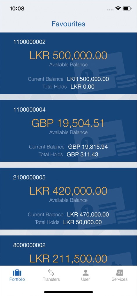 ComBank Digital - Users gain immediate financial clarity through the 'Favourites' section, displaying various account balances in multiple currencies and a precise breakdown of 'Available Balance' and 'Total Holds'.