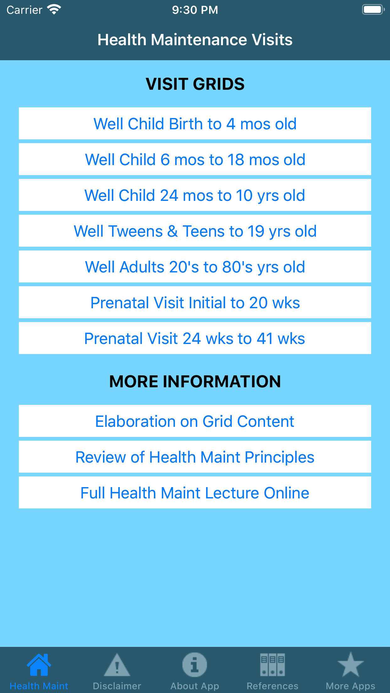Health Maintenance visit lists