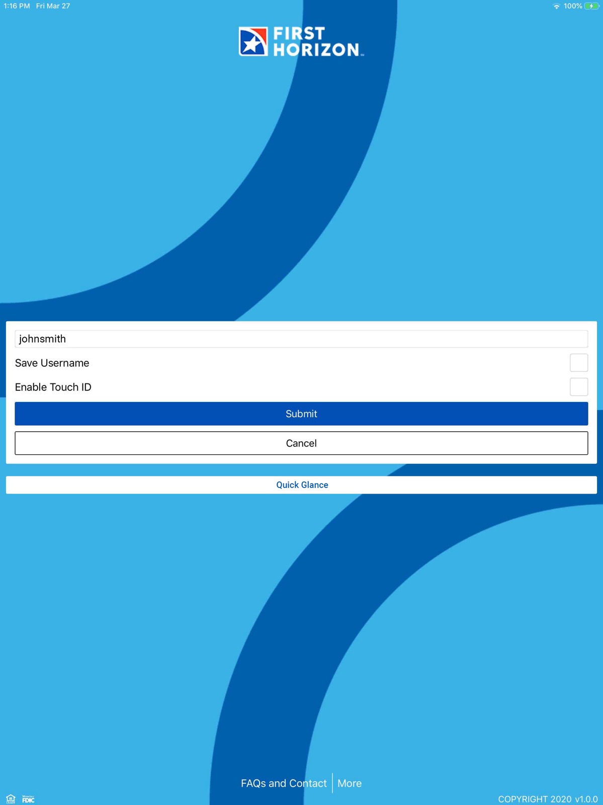 First Horizon Mobile Banking ipad screenshot 1