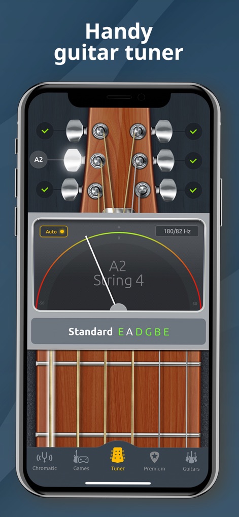 Guitar Tuner - Ukulele & Bass - Experience the app's intuitive interface with a dynamic tuning needle and clear display of the current string (A2 String 4) for precise adjustments.
