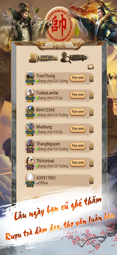 Co Tuong, Co Up Online - Ziga - The app fosters community interaction through a comprehensive friends list, allowing users to see friend's online status and easily spectate ongoing Cờ Tướng or Cờ Úp games.