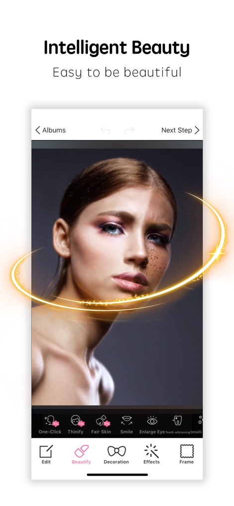 Photo Wonder - Observe how Photo Wonder seamlessly applies intelligent beauty enhancements, showcasing a striking before-and-after comparison and accessible beautification tools.