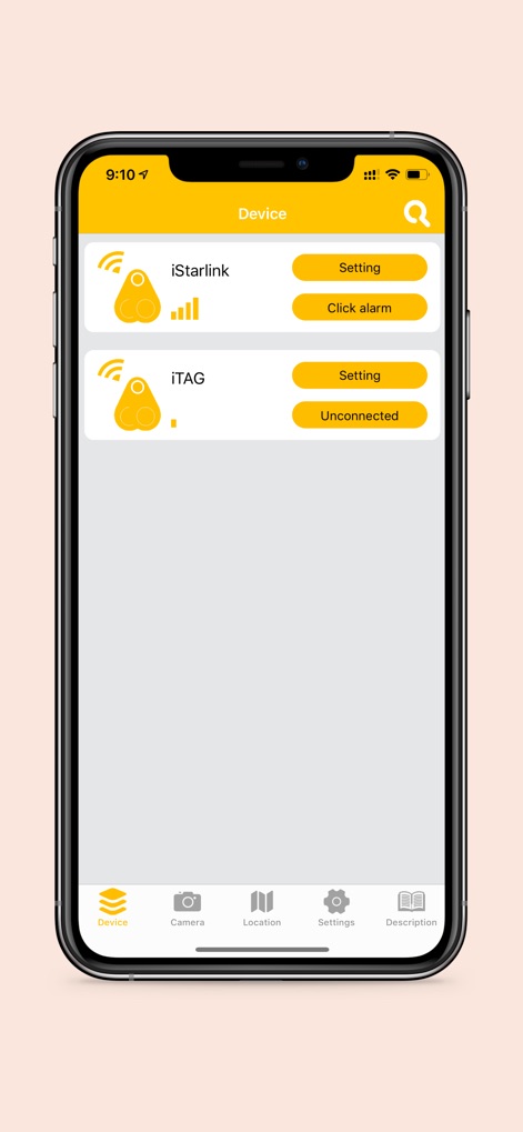 iSearching - See how the app displays a clear list of connected anti-lost devices and provides quick access to activate an alarm or manage settings.