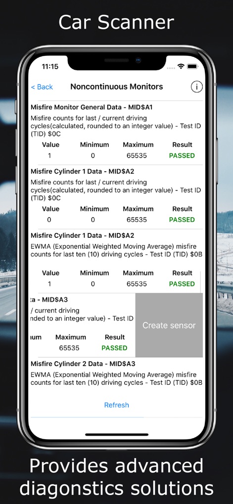Car Scanner ELM OBD2 - The app delivers 'Noncontinuous Monitors' results, detailing intricate ECU self-tests like 'Misfire Monitor General Data' and 'Misfire Cylinder 1 Data'.