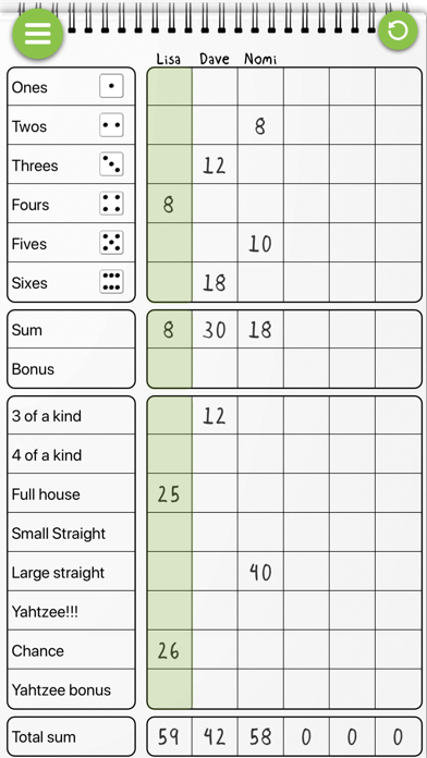 DICY, Scoresheet for YAHTZEE® Screenshot