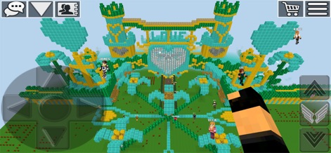 World Craft: Mine & Build 3D - Admire the grand, intricate 'LOVE' sculpture and other detailed block creations, highlighting the artistic freedom and collaborative potential among multiple player avatars.