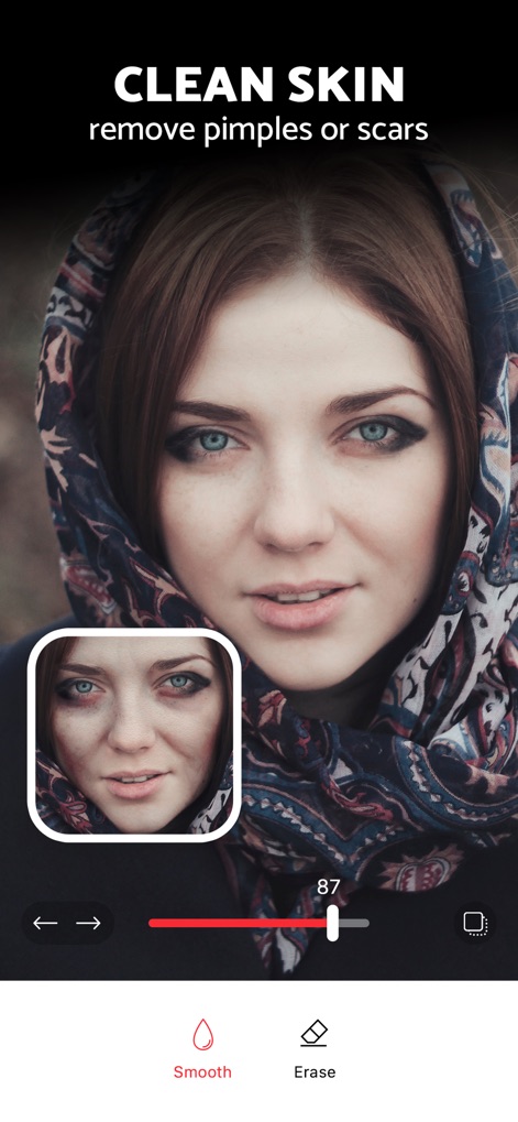 Pixl: Face & Red Eye Corrector - Pixlは、肌のスムージング機能と目の下のクマ補正によって、肌の質感を改善し、より清潔感のある外見を作り出します。