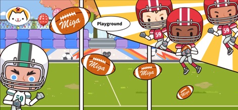 Miga Town: My School - 이 이미지는 학교 운동장의 역동적인 풍경을 보여주며, 필드 위에서 움직이는 축구 선수들과 경기장 관중석의 배경이 어우러져 활발한 체육 활동의 현장을 생생하게 전달합니다.