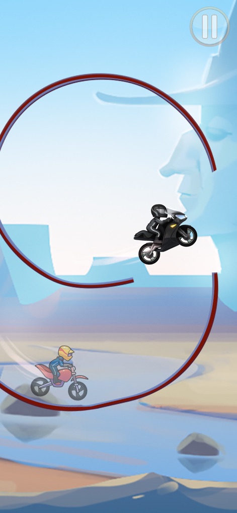 Bike Race: Free Style Games - O aplicativo demonstra o emocionante modo multiplayer com duas motocicletas em corrida, apresentando o design circular da pista e a imponente figura de fundo.