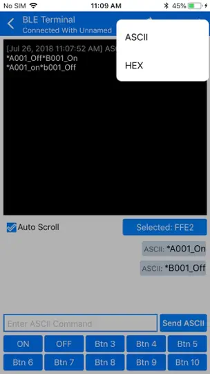 Captura de pantalla de BLE Terminal HM-10 en iPhone 5