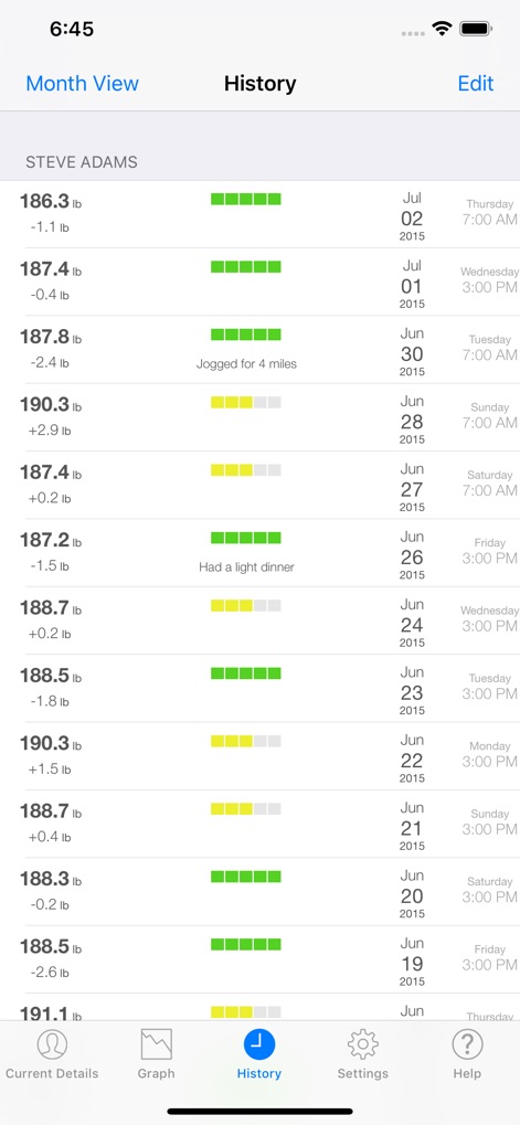 Monitor Your Weight - Users can review their comprehensive history of daily weight entries, complemented by intuitive quality indicator bars showing daily progress.