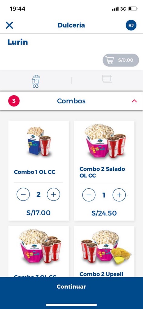 Cineplanet Perú - La aplicación permite a los usuarios seleccionar sus combos de dulcería, presentando imágenes atractivas de los productos y controles intuitivos para ajustar la "cantidad" y visualizar el "precio" de cada opción.