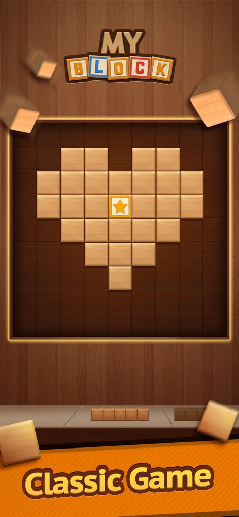 My Block Puzzle - Immerse yourself in the timeless block puzzle experience, featuring classic wooden block aesthetics and creative formation possibilities like the heart shape.