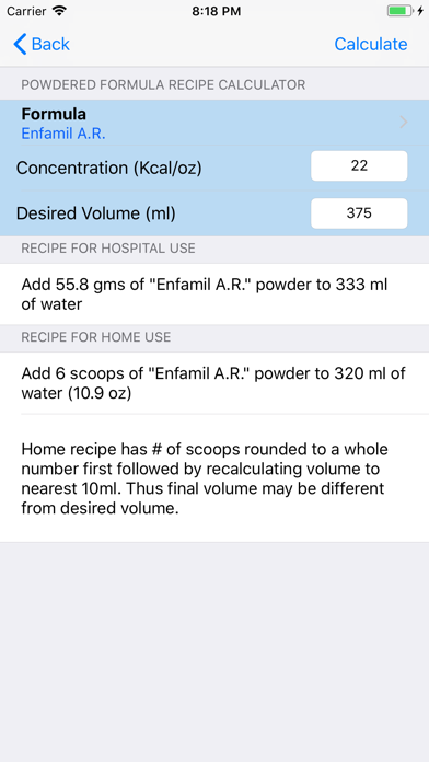 NICU Nutrition Calculator Screenshot