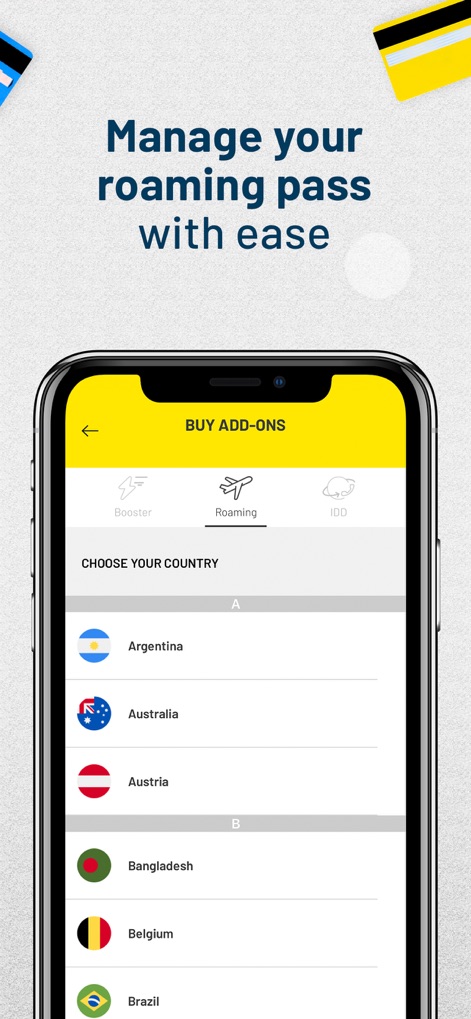 MyDigi Mobile App - La aplicación facilita la gestión de pases de roaming internacional, permitiendo a los usuarios seleccionar fácilmente un país de destino de la lista y activar el servicio.