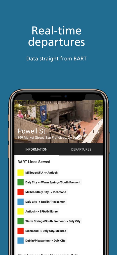 BART (Official) - La aplicación muestra las "Real-time departures" con datos directos, y presenta un listado de líneas de BART, cada una identificada por un color y su destino final, para una comprensión rápida del servicio.