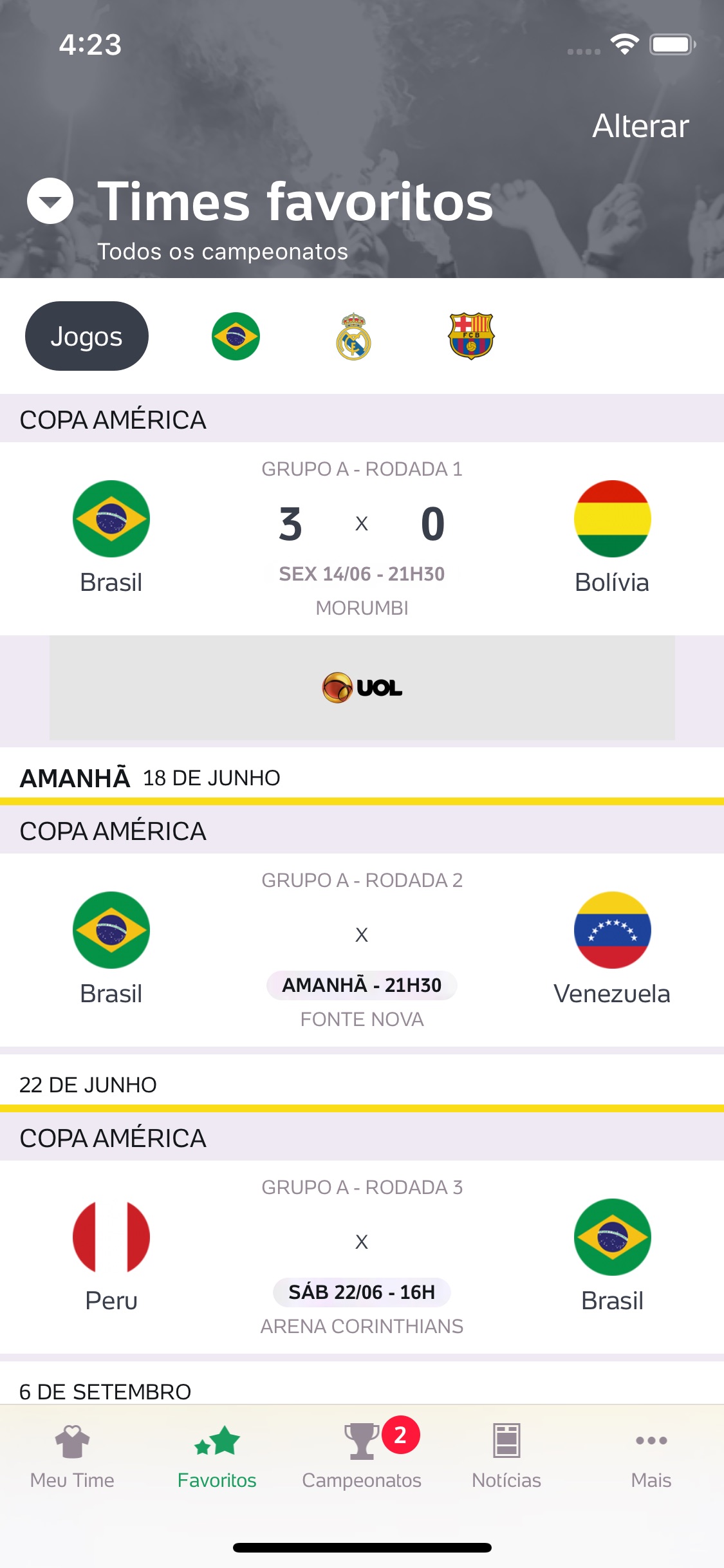 Screenshot do app Placar UOL - Brasileirão 2019