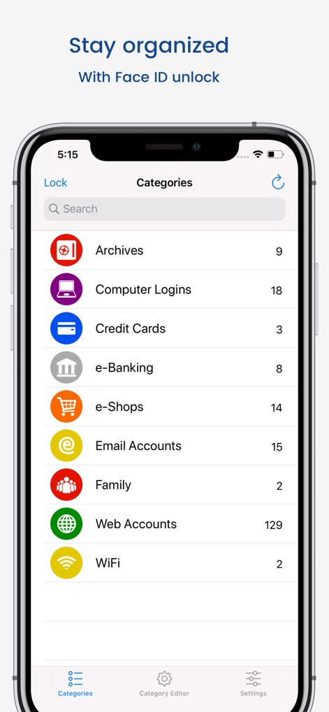 aWallet Cloud Password Manager - Esta visualização demonstra a lista de categorias claramente organizadas, como 'Web Accounts' e 'Credit Cards', cada uma com seu respectivo ícone e número de entradas.