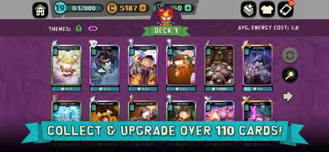 South Park: Phone Destroyer™ - This view showcases the comprehensive card collection system, allowing players to assemble unique decks with over 110 distinct character and spell cards, visible with their energy costs and theme categorizations.