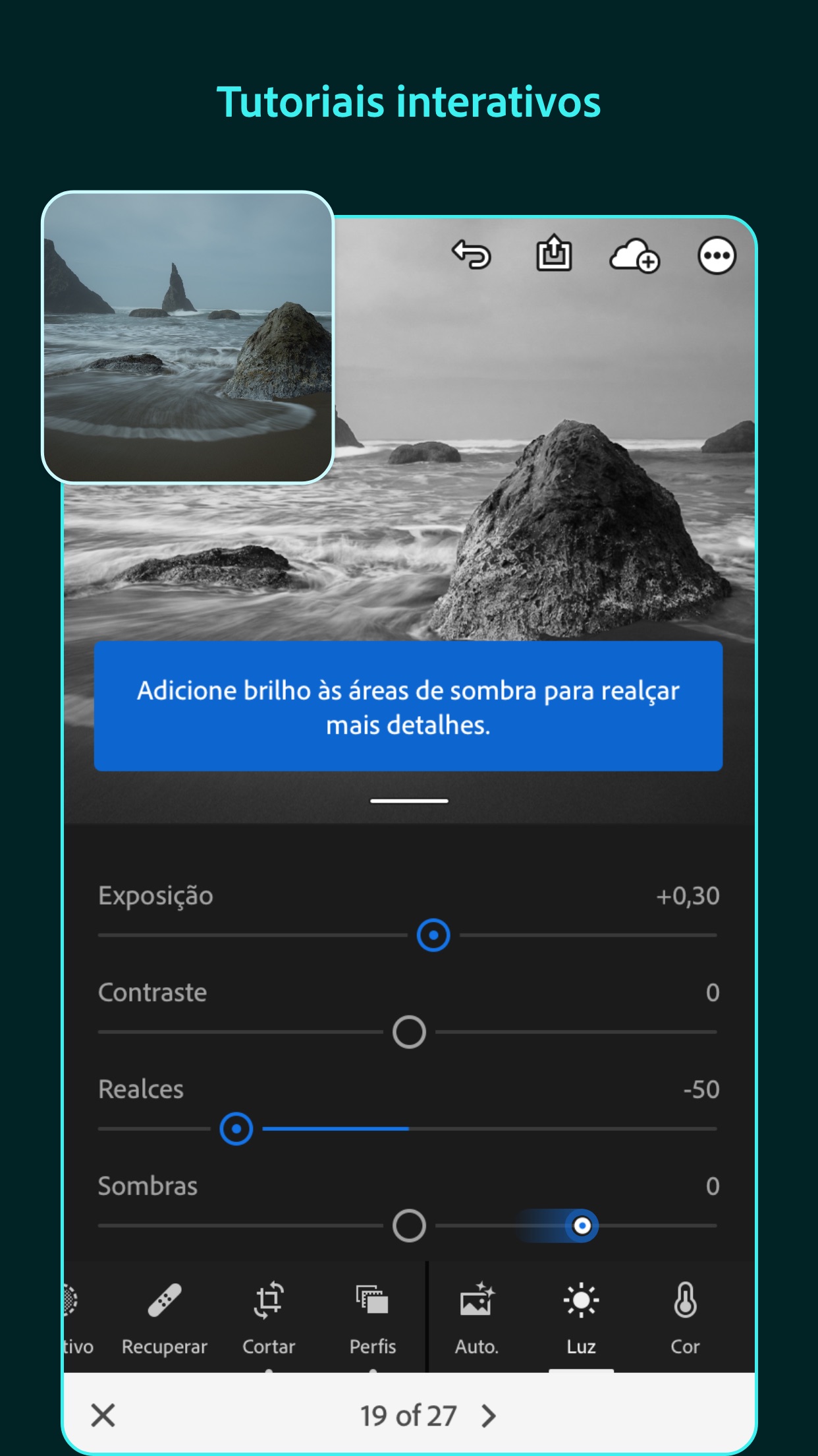 Screenshot do app Adobe Lightroom: Editar Fotos