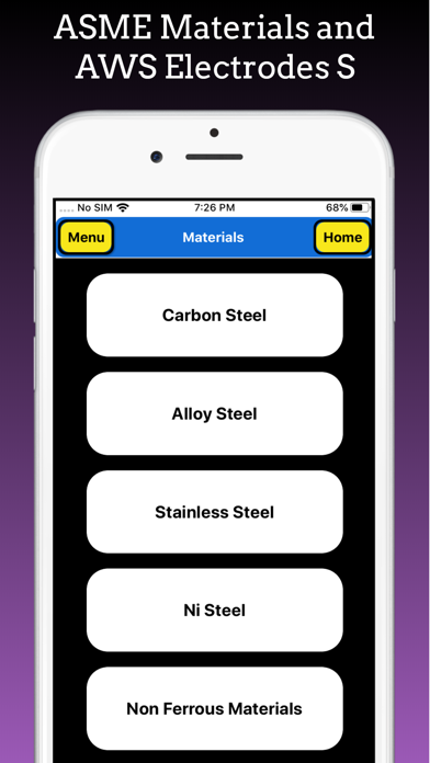 ASME Materials and Electrodes Screenshot