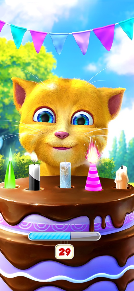 Talking Ginger 2 - Explore the interactive birthday cake, featuring vibrant candles and a sparkling party surprise, designed for engaging play.