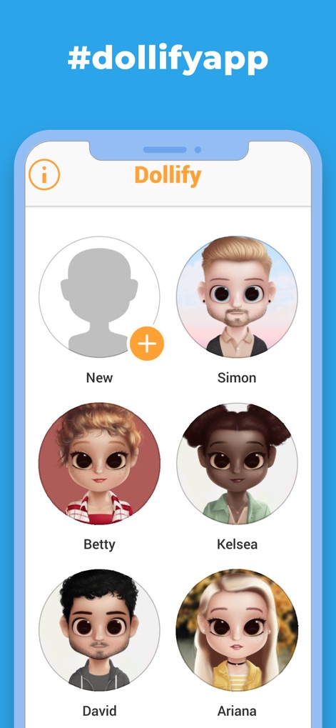 Dollify - La aplicación organiza las creaciones de los usuarios en una galería personal, mostrando miniaturas de cada avatar guardado y una clara opción para añadir nuevas creaciones.