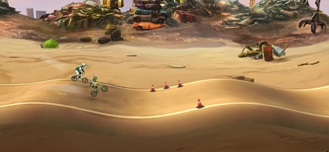 Mad Skills BMX 2: Bike Game - The app presents a challenging race on a desert-themed track, featuring precise turns marked by orange cones and a backdrop of an urban wasteland.