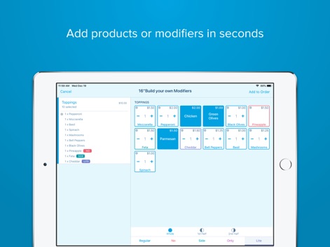 Revel POS - La aplicación agiliza la configuración de pedidos con modificadores personalizables, permitiendo la adición de toppings y una clara categorización.