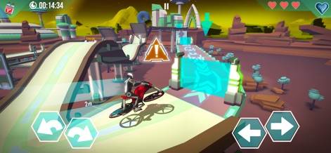 Gravity Rider Zero - Witness the dynamic obstacle courses where the rider expertly navigates a red hover-bike through challenging blue laser gates.