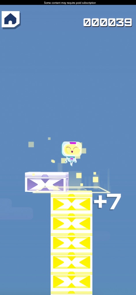 Budge GameTime - Um pequeno personagem branco e sorridente é visto saltando entre plataformas amarelas que aparecem do nada, em um cenário de céu azul claro, mostrando uma jogabilidade de precisão e timing.